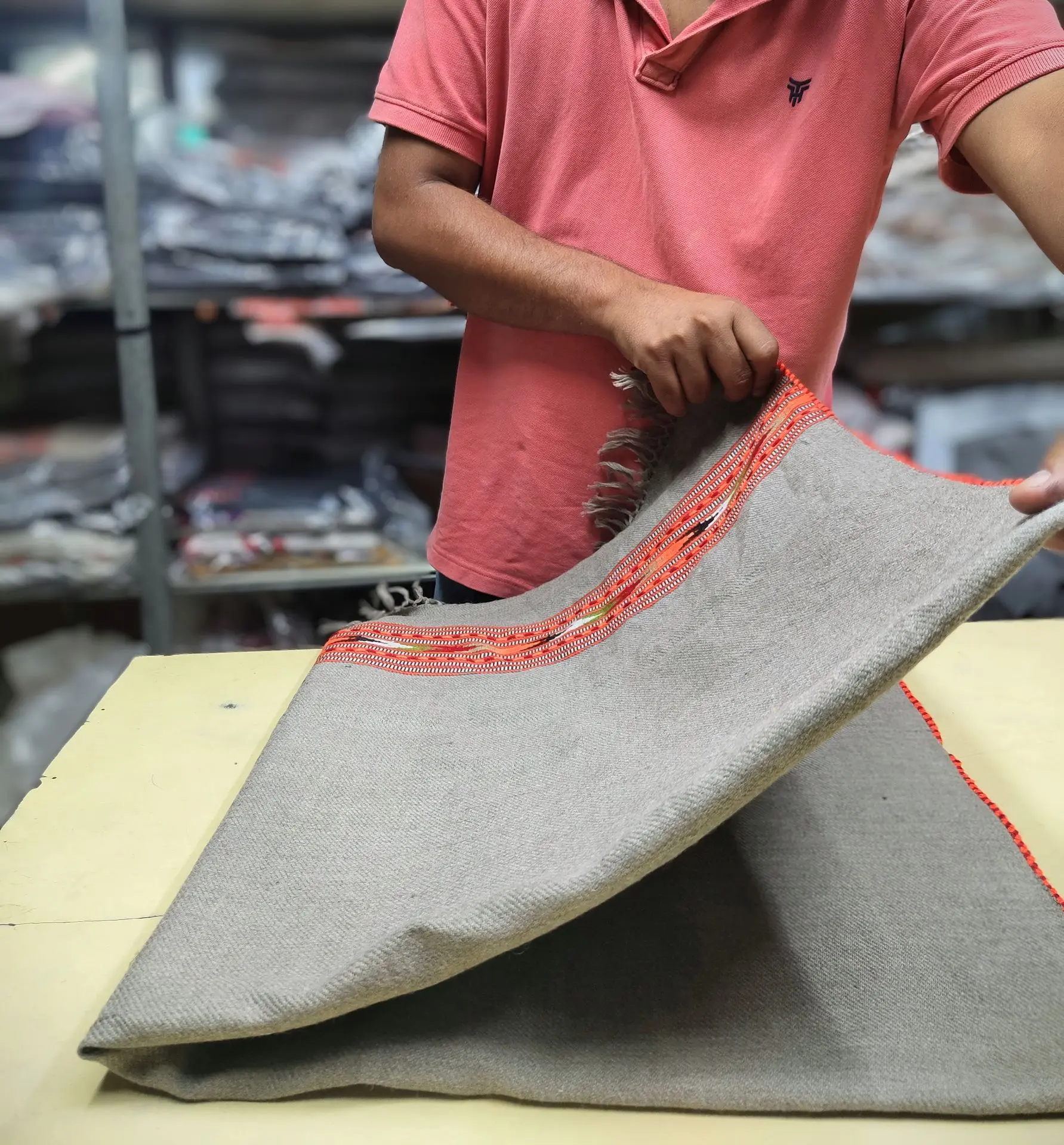 woolen stole folded and satacked for packaging at Sawomi