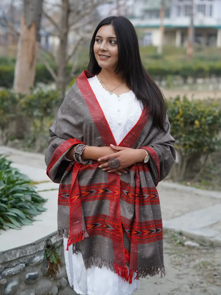 Ash Grey Kullu Pattern Handmade Shawl