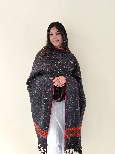 [STBLPL1MSB] Pure Wool Black Kullu Pattern Stole
