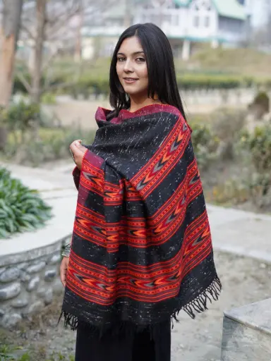 Black 3Patti Kingri Design Pure Wool Shawl
